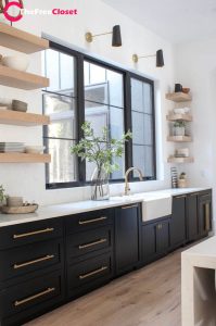 Modern black kitchen with wall shelves