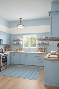 Grayish-blue kitchen cabinets, creating a warm and welcoming environment with a soft, muted tone that adds subtle sophistication.