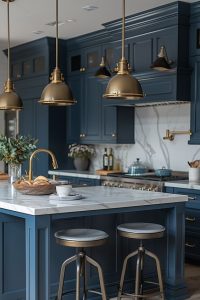 Shiny navy IKEA kitchen cabinets featuring brass handles, combining a sleek modern design with elegant metallic accents for a bold, stylish look.