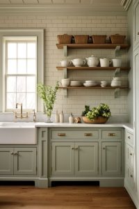 Teal kitchen cabinets with interior shelving, offering both vibrant color and functional storage. The bold teal hue adds a fresh, modern touch, while the shelves inside provide practical organization.