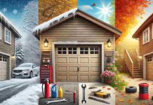 A residential garage door surrounded by scenes representing different seasons. Snow and ice appear on one side of the door, autumn leaves fall on another, with bright summer sunshine and blooming spring flowers completing the scene. In front of the door, there are maintenance tools like a wrench, lubricant spray, and a cleaning brush, symbolizing seasonal maintenance solutions.