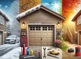 A residential garage door surrounded by scenes representing different seasons. Snow and ice appear on one side of the door, autumn leaves fall on another, with bright summer sunshine and blooming spring flowers completing the scene. In front of the door, there are maintenance tools like a wrench, lubricant spray, and a cleaning brush, symbolizing seasonal maintenance solutions.