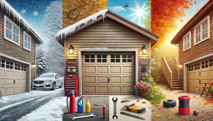 A residential garage door surrounded by scenes representing different seasons. Snow and ice appear on one side of the door, autumn leaves fall on another, with bright summer sunshine and blooming spring flowers completing the scene. In front of the door, there are maintenance tools like a wrench, lubricant spray, and a cleaning brush, symbolizing seasonal maintenance solutions.